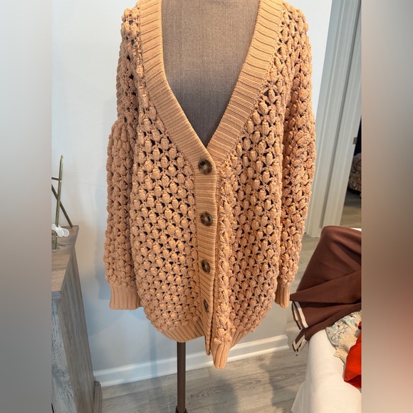Farm Rio Sweaters - Farm Rio Cozy Knit Button Cardigan - Peach/Orange XL